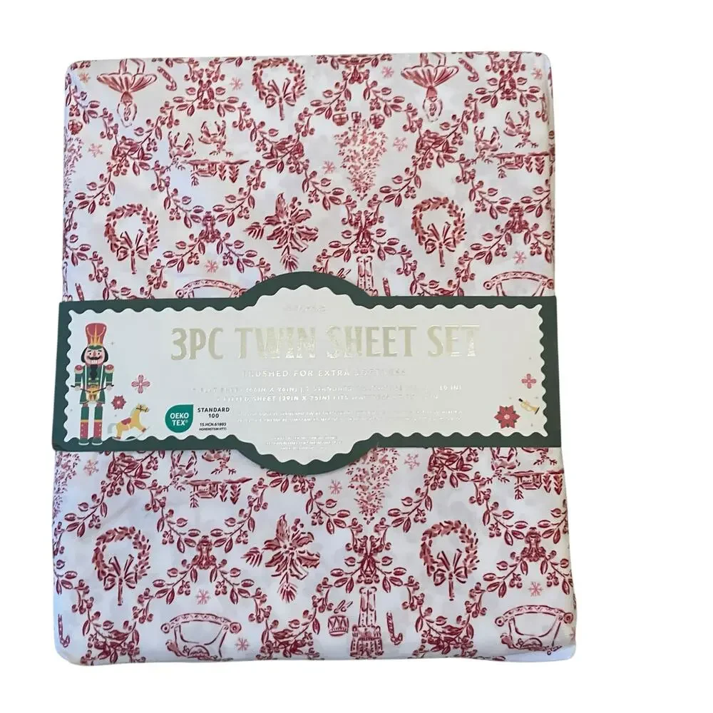 Envogue TWIN 4pc Sheet Set Nutcracker Toile Christmas Bedding Red & White New